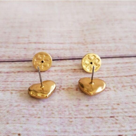 Tory Burch Heart Logo Stud Gold Tone Earrings - Picture 7 of 8